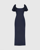 Navy Crepe Fitted Column Dress With Short Ruffle Sleeves - FINAL SALE